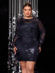 Plus Size Women's Glittering Sequin Party Dress, Elegant Fashion Suitable For Special Occasions, Autumn Dress, Eye-Catching Women's Fashion, Perfect For Romantic Nights And Special Events