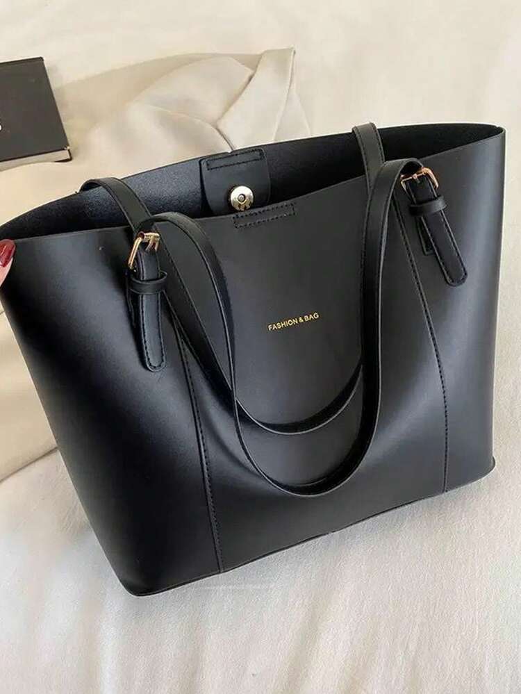 Bolso de tote de gran capacidad en color negro para mujeres, bolso de hombro minimalista de piel de PU con cierre de hebilla, bolso de trabajo y de uso diario adecuado para la oficina, la escuela y las compras - Negro - Añade 7