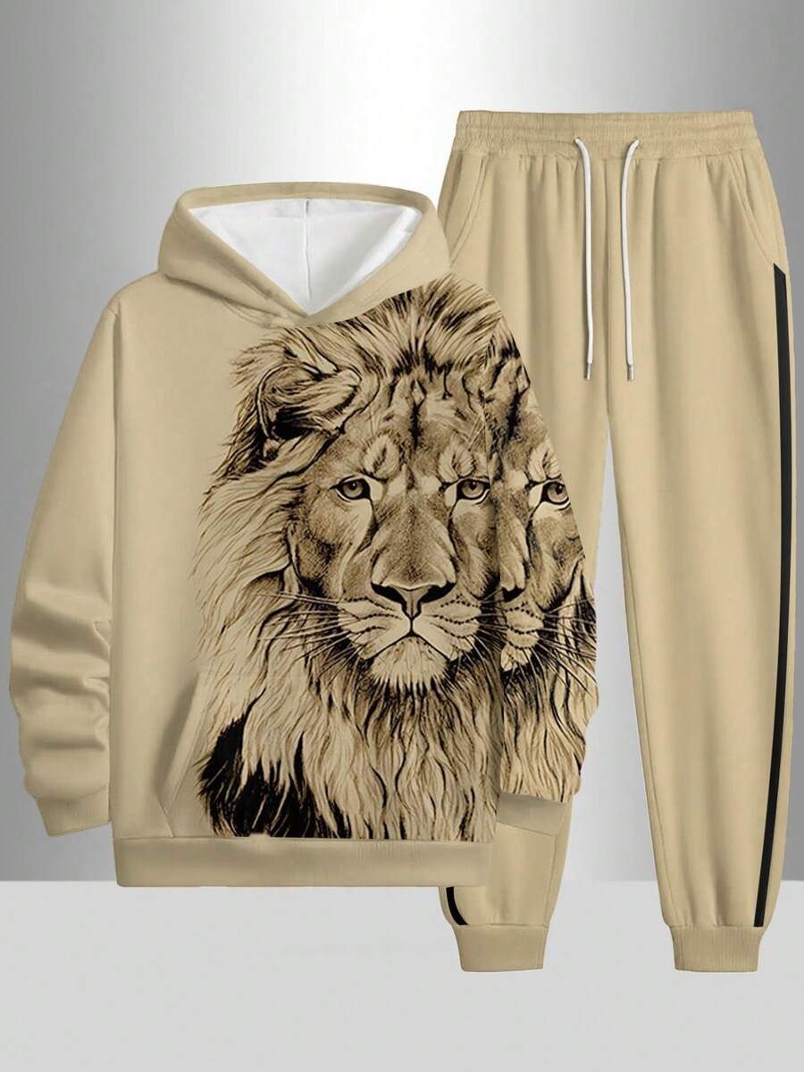 2025 New Men's Two-Piece Set, Pullover Hooded Sweatshirt And Casual Sports Long Pants Combination, Men's Warm And Stylish Outfit With Animal Digital Print Design Long-Sleeve Pullover Sweatshirt Paired With Casual Sports Long Pants, The Best Fashion Choice For Street Style And A Great Holiday Gift.