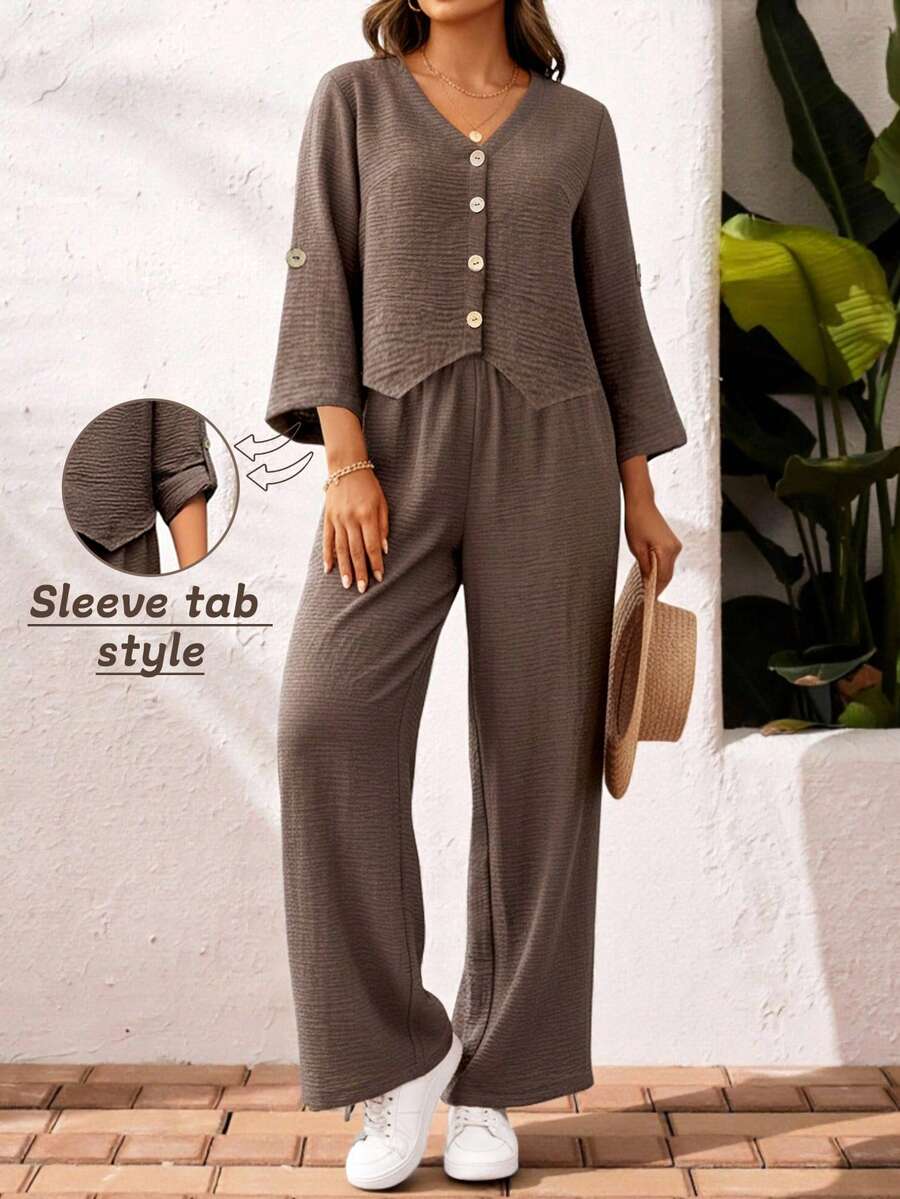 Conjunto de salón de talla grande para mujer con textura arrugada, top corto y pantalón de pierna ancha en marrón oscuro para otoño e invierno, atuendo casual para Acción de Gracias y Navidad, ropa de estar cómoda para el hogar y días festivos