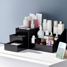 1 pieza Organizador de maquillaje, Caja de almacenamiento de perfumes y cuidado de la piel para el tocador, Soporte de lápiz labial de doble capa, Caja de almacenamiento para dormitorio, Estantería de exhibición, Bolsa de maquillaje, Esencial de viaje - Negro - Ver 2