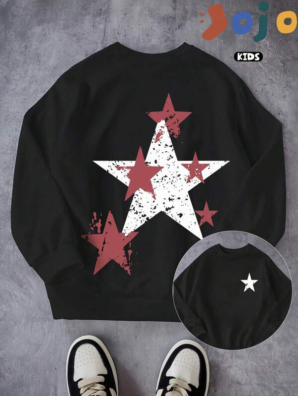 Rot-weißer Sternmusterdruck, Sweatshirt mit überschnittenen Schultern für Jungen/Mädchen, Kurve, Übergröße, lässig, vielseitig, locker, Sport, Street, College-Stil, Kinderkleidung, bequemes Langarm-Oberteil