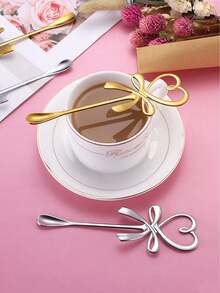 2pcs/4pcs/6pcs Heart Bowknot Hanging Cup Spoon,Love Butterfly Coffee Spoon,Stainless Steel Coffee Stirring Spoon,Coffee Spoon,Long Handle Dessert Spoon,Dinner Spoon,Stainless Steel Love Bow Spoons,Stainless Steel Honey Spoon,Basting Spoon - Multicolor - View 4