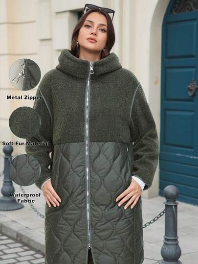  Astrid Plus Size Hooded Long Winter Coat Contrast Teddy Fleece Fur Patchwork Quilted Women Winter Clothes Casual Zip-Up Padded Coat