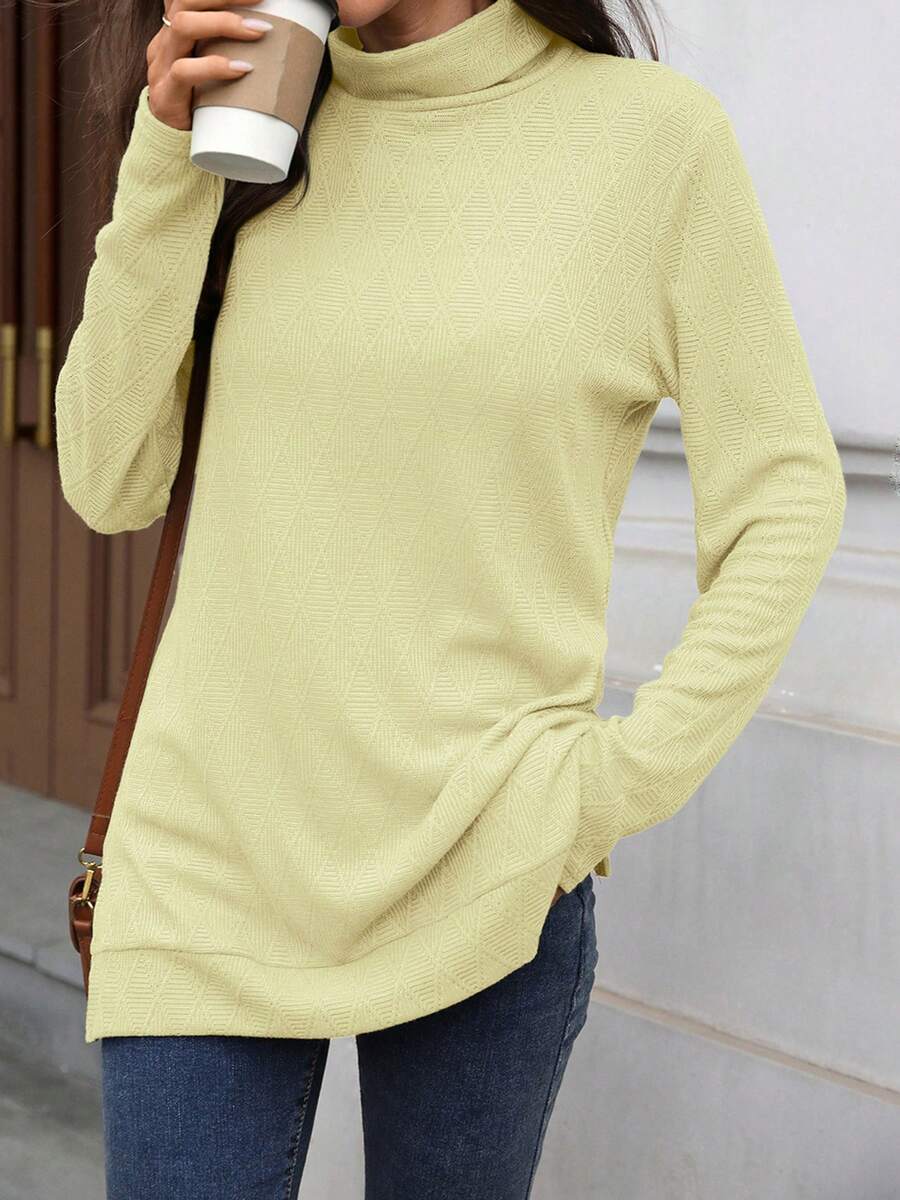 Womens Knit Tops Fall Long Sleeve Turtleneck Solid Color Slit Hem Casual Pullover Sweater - Yellow - View 1