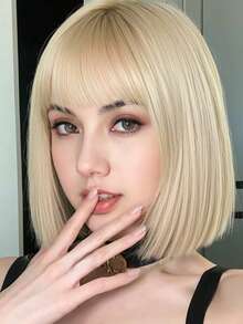 12-Inch Golden Bob Wig With Bangs, Women's Straight Synthetic Hair, High-Temp Fiber High Density, Smooth And Versatile, Suitable For Christmas, Carnival, Daily Wear, Fits All Women - Multicolor - View 4