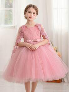 女童粉色蕾絲拼接網紗披肩優雅公主派對禮服，適合生日派對、晚宴、舞會、花童婚禮伴娘裝、節日慶典、畢業禮服 - 粉色 - 查看 4