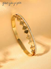 18K Gold Plated Stainless Steel Cuff Bracelet With Flower & Heart Design - Elegant Style Women's Gold Bracelet, No Mosaic, Party & Holiday Accessory, Suitable For All Seasons - Gift For Valentine's Day, Mother's Day, Halloween, Christmas