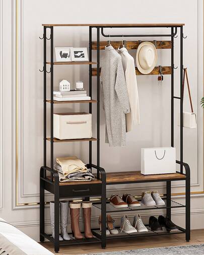 HEXCELEN Appendiabiti con Portascarpe, 5 in 1 Appendiabiti Autoportante, scarpiera ingresso, 40 x 120 x 182 cm, 17 Ganchos, 1 asta appendiabiti, 4 Ripiani, para Entrada, Salón, Marrón Rústico y Negro