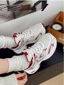 2025 Autumn 2024 Spring/Summer New Thick Sole Soft Leather Platform Chunky Sneakers, Women Mesh Breathable Running Shoes Casual Sport Shoes - Đỏ - Xem 6