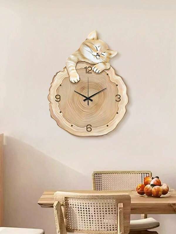 1 Stück Wanduhr in Katzenform aus Holzoptik, PVC Material, kreative geräuschlose Wanduhr für Wohnzimmer, Schlafzimmer, Esszimmer Dekoration Zuhause