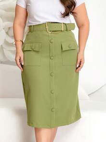 Elegant Tailored Evangelical Midi Skirt With Belt, Pocket And Buttons - 橄欖綠 - 查看 4
