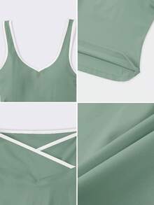 NcmRyu 1 Set Women's High Elasticity Contrast Color V-Neck Waist Cinching Casual Everyday Wear Yoga Fitness Suit (Top & Pants) - Green - View 3