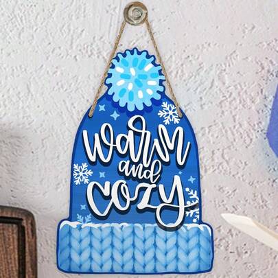 Winter Blue Beanie Knit Hat Front Door Sign, Warm And Cozy Wood Door Hanger Outdoor Outside Porch Decor, Christmas Seasonal Snowflake Wooden Wreath Indoor Wall Hanging Decoration