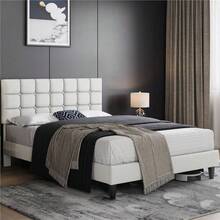 Butterslay Upholstered Platform Bed Frame Linen Fabric Adjustable Tufted Headboard 12 Wooden Slats 750/800lb Capacity 6" Under-Bed Space Queen/Full, Navy Blue/Dark Gray/Beige - 米色 - 查看 7