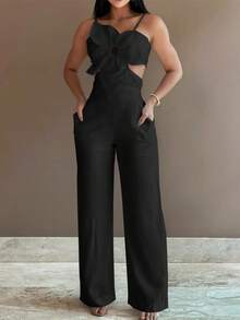 ChicMe 女式无袖花卉图案细肩带连体裤口袋设计别致优雅休闲派对鸡尾酒节日服装 - 黑色 - 查看 2