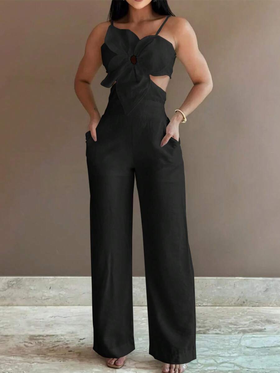 ChicMe 女式无袖花卉图案细肩带连体裤口袋设计别致优雅休闲派对鸡尾酒节日服装