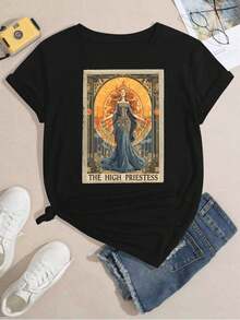High Priestess Graphic T-Shirt, 220g Cotton Casual Summer T-Shirt with Round Neck and Short Sleeves (1 Piece)
