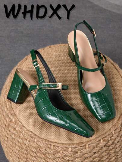 WHDXY 1 双女式方头基本款一脚蹬高跟鞋，性感 7 厘米粗跟正装鞋，适合办公室、空乘人员、正式场合