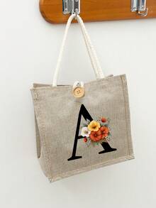Bolso de tela con estampado de letras, bolso de tela estampado, bolso con decoración de botones, bolso grande de capacidad minimalista, bolso de tela casual y portátil de gran capacidad, bolso de compras multifuncional, nuevo diseño, gran capacidad, compañero de compras, bolso de hombro, bolso de tela, bolsa de almuerzo, lonchera, bolso cruzado, para mujer, uso diario, cita - Multicolor - Ver 8