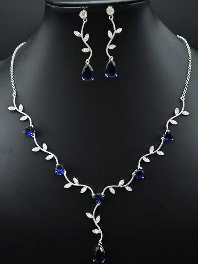 1 Set Of 3pcs Zirconia Necklace & Earrings Jewelry Set, High Quality Bridal Wedding Party Engagement Accessories With Adjustable Length Leaf Decor, Suitable For Women Daily Wear And Gifts