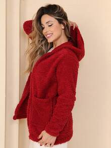 Plush Coat Teddy Blouse With Hood And Pocket - 紅色 - 查看 6