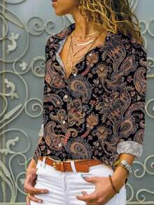 Camisa de Botão Elegante para Mulheres JOVI SHEEN, Nova Camisa Casual Feminina de Manga Longa Estampada Retrô para o Outono, Camisa Feminina para Escritório, Camisa Feminina de Manga Longa para Férias na Praia, Roupa Feminina de Outono