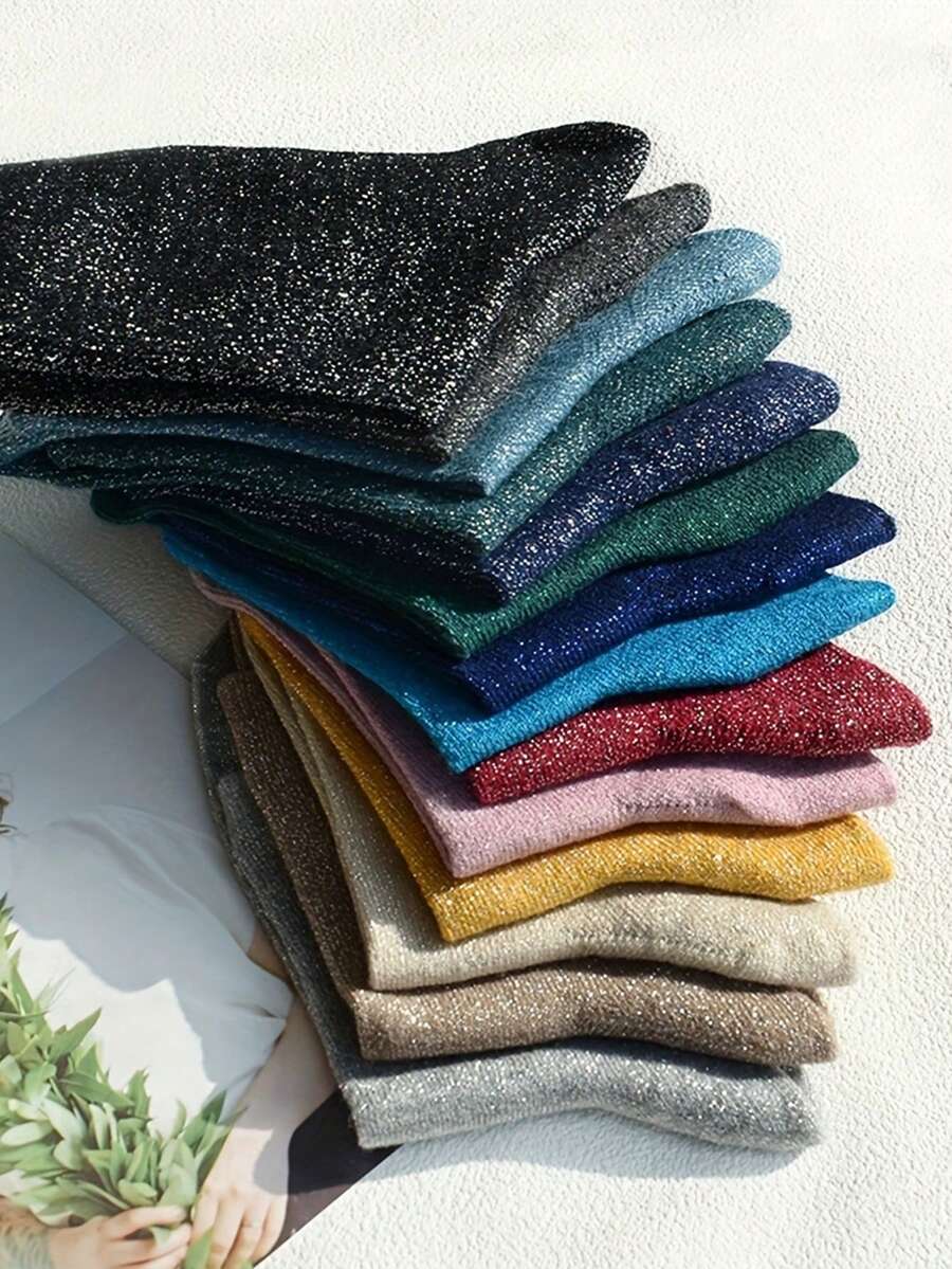 5 pares de calcetines de mujer para otoño/invierno, tonos de color oscuro, calcetines de media caña con hilo plateado sexy, estilo europeo y americano