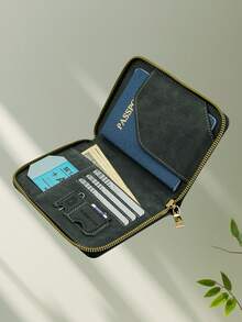 1 件 PU 皮革旅行护照夹，RFID 屏蔽多功能便携式护照夹文件整理钱包，带拉链，多卡槽