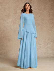 Women's Elegant Ruffle Trim Tie-Waist Flare Sleeve Dress, Spring/Summer - Baby Blue - View 4