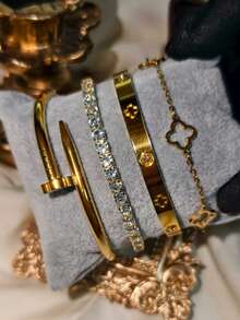 4pcs Luxury Stainless Steel Rhinestone Clover & Star Bangle Bracelet Set, Vintage Elegant Jewelry Suit For Women, Suitable For Daily Wear, Gift, Party, Fashionable Christmas Present - Gold - View 28