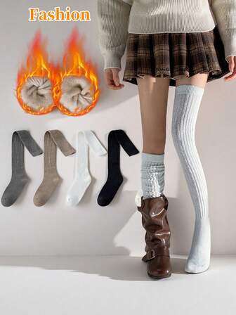 1/2/3/4 Pairs Women's Winter Warm Over-The-Knee Socks, Ruffled Design Layered Socks, Women Over-The-Knee Socks, Thigh High Socks, Thermal Lined Thick Warm Thigh High Socks, Loose Fit Socks, Autumn/Winter Warm Casual Socks, Comfortable Socks