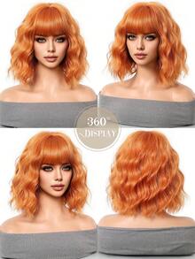 Tóc giả dự tiệc 14 inch, tóc ngắn xoăn màu cam sáng, chất liệu tổng hợp tự nhiên, có mái và sóng, phù hợp cho người mới bắt đầu, có thể dùng cho các bữa tiệc, cosplay và các dịp khác. - Cam bẩn - Xem 6