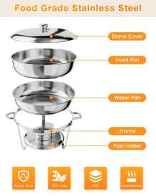 Ataucjin 5QT Chafing Dish Buffet Set Of 2 Pack,Round Stainless Steel Food Warmers Buffet Servers Sets,Chafer And Food Warmers With Food & Water Pan, Lid,Frame,Fuel Holder For Catering,Parties,Events,Wedding - Silver-2 Pack - View 4