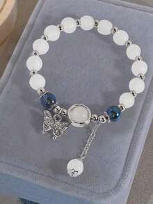 1pc Crystal Butterfly & Cat Eye Stone Bracelet, Aquamarine & Moonstone Faux Crystal Bracelet, Multifunctional Elegant Accessory, Gift For Friends - Butterfly Imitation Cat's Eye Bracelet - View 1