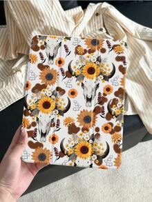 Una bellissima e carina custodia protettiva in acrilico trasparente con cristalli, dipinta a doppia faccia con un motivo floreale a girasole e testa di toro, antiurto, adatta per iPad di 7a, 8a e 10a generazione (10,2 pollici), con slot per la penna, supporta le funzioni di sospensione e riattivazione, ideale come regalo di Ognissanti o Capodanno.