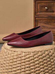 MonaNise 女士尖头时尚低帮平底鞋，户外休闲装，秋季，紫色，香槟色高端，红色百搭，黄色，黑色舒适一脚蹬鞋 - 酒紅色 - 查看 5