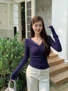 全新蕾丝长袖打底T恤，短款修身V领上衣 - 藏蓝色 - 查看 3