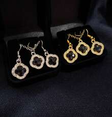 Four Leaf Clover Necklace And Earrings Set + Pink Box Lucky Pendant Shiny Rhinestone Cute Elegant Gift - 銀色 - 查看 2