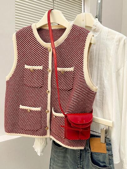 Alicedudu Gilet cardigan élégant à col rond et motif à chevrons pour femme, automne/hiver