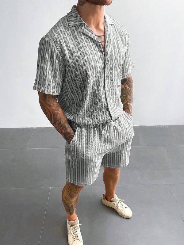 INS Style Men's 2-Piece Set Bohemian Crochet Knit Shirt & Shorts Multicolor Striped Jacquard Textured Shirt For Beach Vacation Music Festival Hawaiian Resort Wear Gift For Him, Old Money Resort Wear