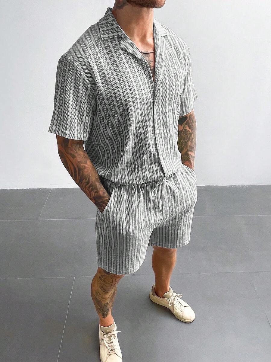 GloMan Style 男士波西米亚风钩针针织衬衫和短裤套装（2件套），多色条纹提花纹理衬衫，适合海滩度假、音乐节、夏威夷风情等场合，是送给他的绝佳礼物，充满复古度假气息。也是送给妈妈的理想礼物。 - 黑與白 - 查看 1