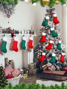 2/12 pièces/Bas de Noël en velours 36 cm Cadeaux de fête Bas de cheminée Décorations de Noël Bas de style campagnard Père Noël Convient pour la décoration de la maison pendant les vacances de Noël (Rouge, Vert) - Rouge - Voir 8