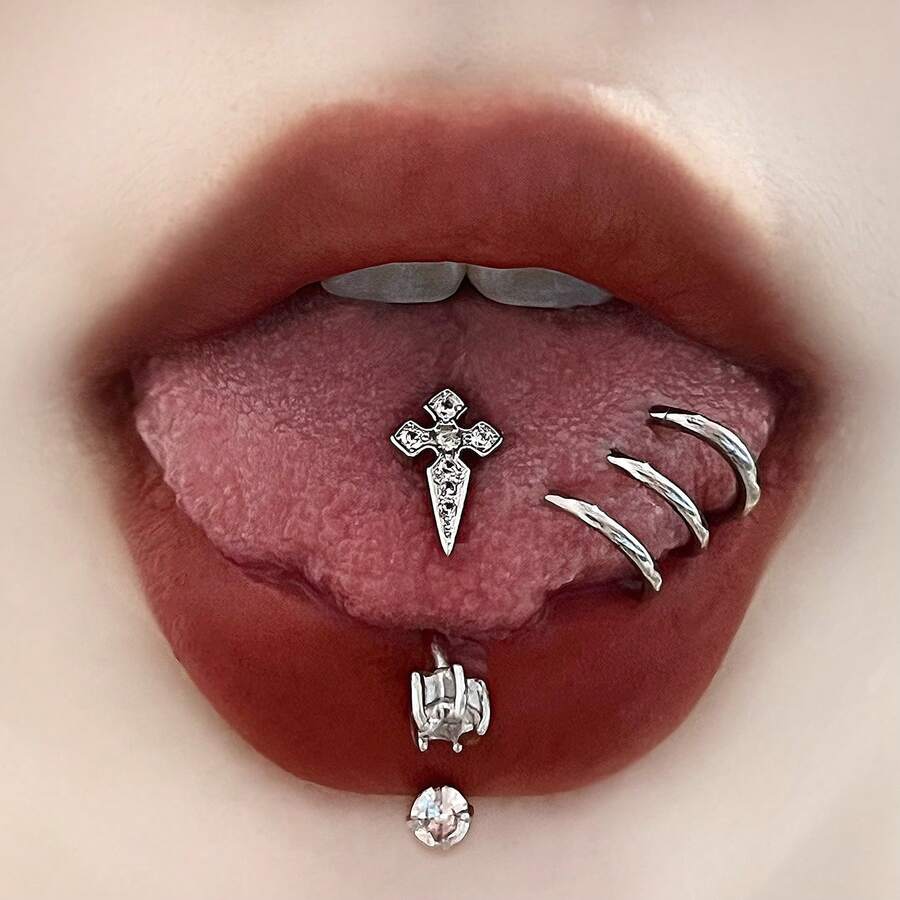 Titanium Steel Cross Tongue Piercing, Sexy Tongue Ring, Halloween Tongue Jewelry, Piercing Accessory - Pointed Cross Tongue Nail - View 1