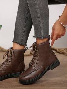 女士秋冬新款切尔西棕色厚底7孔系带软舒适轻便套穿厚底踝靴、骑马靴、短靴、中筒靴 - 棕色 - 查看 4