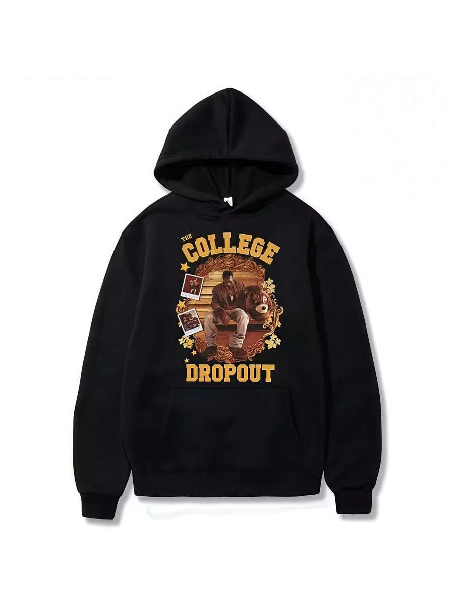 College Dropout Hoodie Kanye West Music Album Printed New Sweatshirts Casual Oversized Hoodie Hip Hop Streetwear Men's Clothing - 黑色 - 查看 1