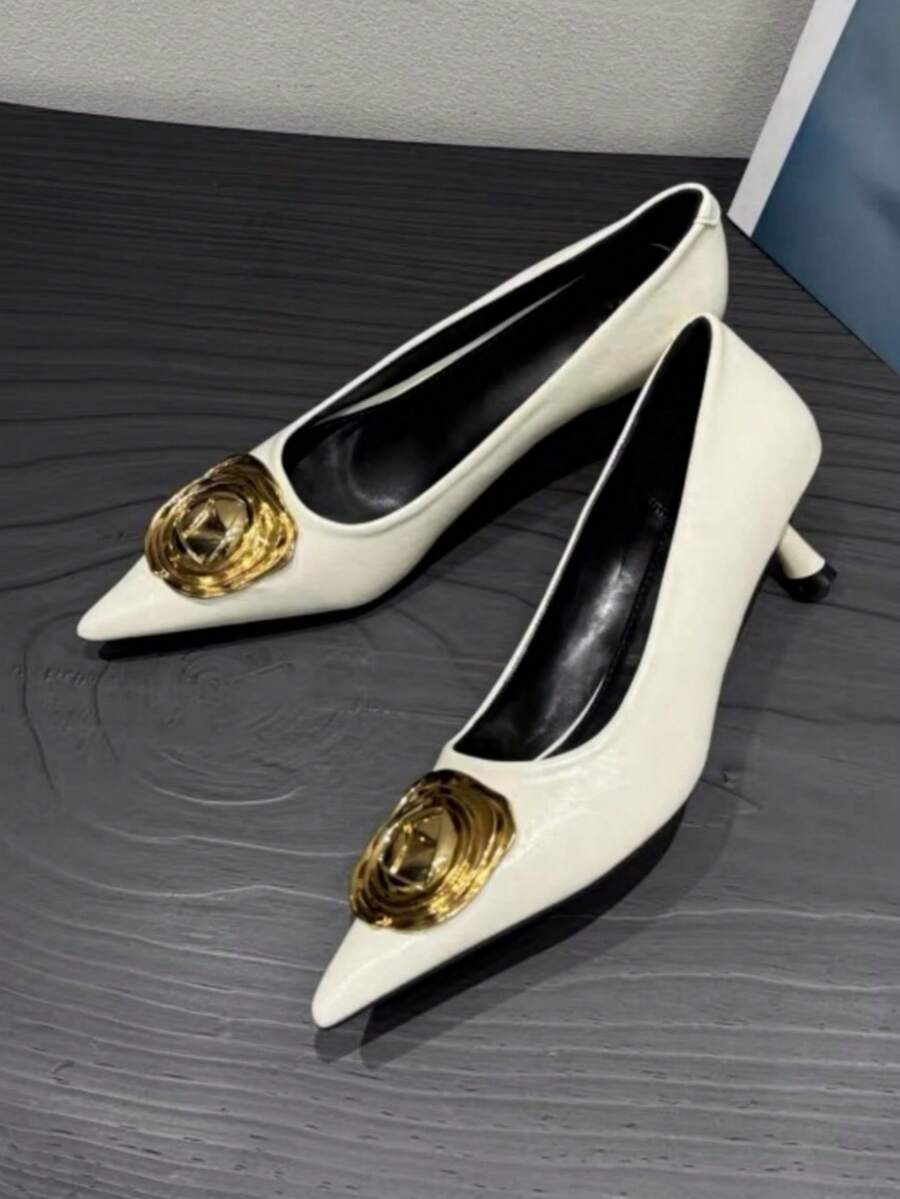 Giày cao gót mũi nhọn đế mỏng mới 2025, giày lười đế thấp có khóa kim loại, giày công sở đế giữa thanh lịch, đa năng dành cho nữ - trắng - Xem 1