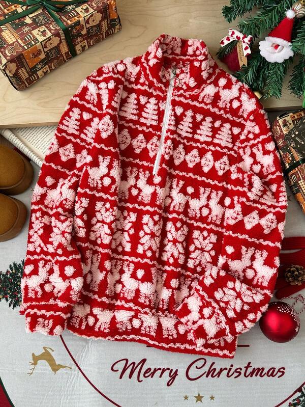 Weihnachts-Rentier & Schneeflocken Fleece Pullover mit Reißverschluss für Damen, Langarm Lässig Sweatshirt, Reißverschluss-Design, bequeme Freizeitkleidung für Herbst/Winter
