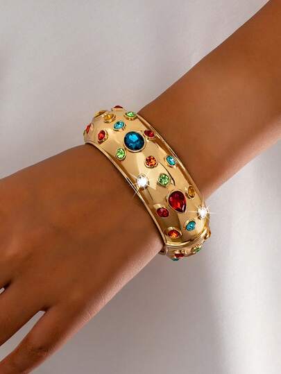 1 pieza Elegante, clásico y versátil brazalete de puño asimétrico con gemas de colores, brazalete de puño grueso y dorado elegante para mujer, combinación aleatoria de gemas, adecuado para uso diario, casual, vacaciones y regalos para amigos y familiares