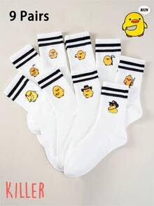 1/5/9 Pairs,Yellow Duck Cartoon Pattern Women's Mid-Calf Socks Set,Women's Fringed Socks,Plush Socks, Fall Clothes,Accessories,Knee High Socks,Halloween Gifts,Stitch Stuff,Christmas Gifts,Black Double Bar - Multicolor - View 29